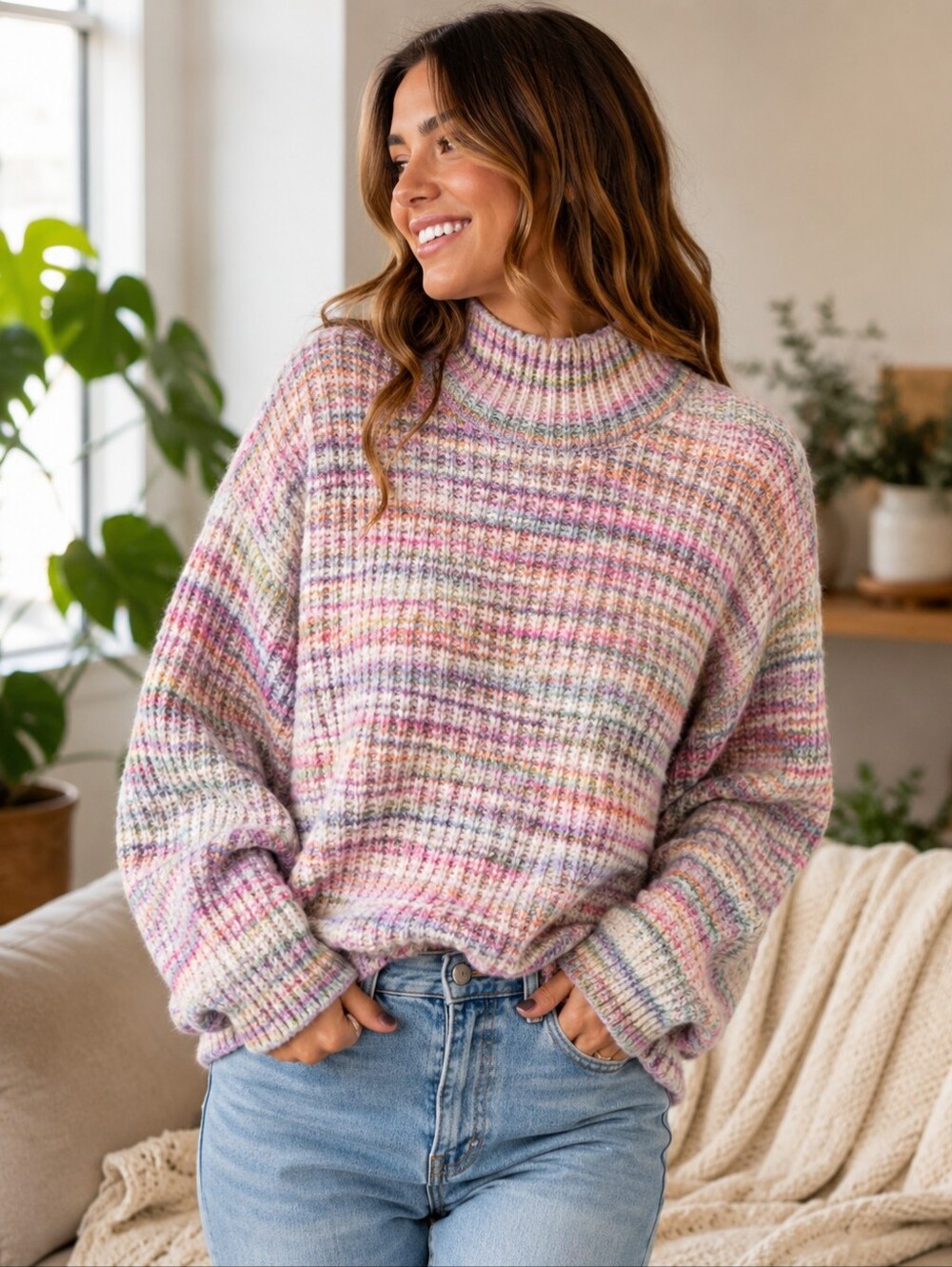 Topshop Space Dye Chunky Knit Turtleneck Sweater Multicolor Oversized Medium